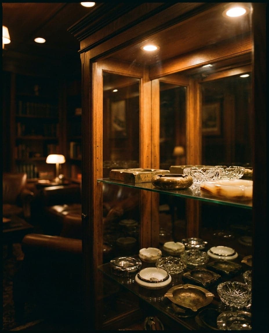 Sammlung antiker Aschenbecher in einer beleuchteten Vitrine