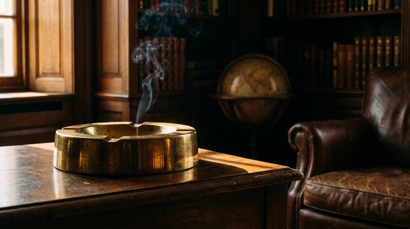Antiker Messing Cigarren Aschenbecher im Halbdunkel eines Herrenzimmers