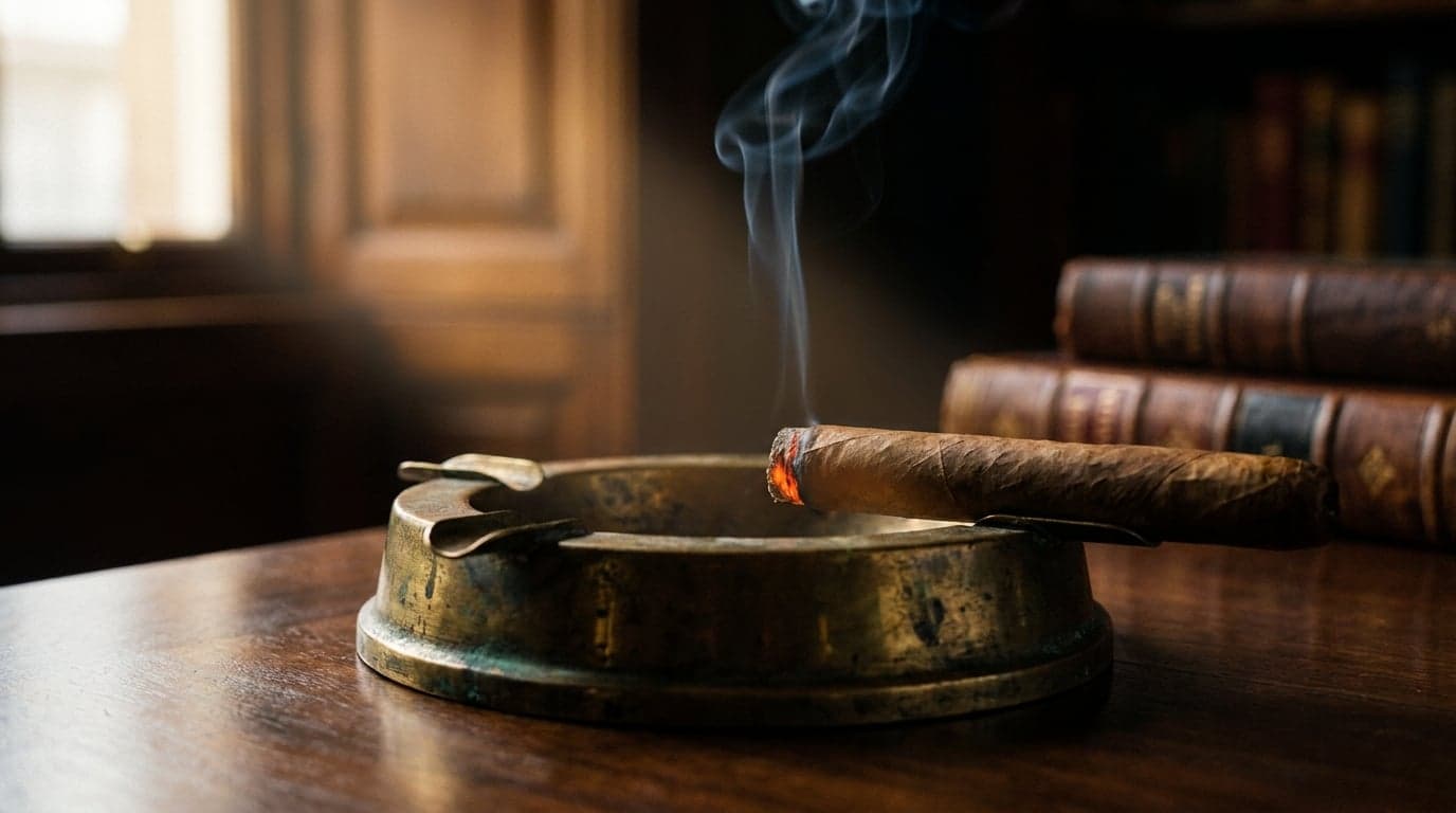 Cigarre im Messingascher, Rauch im Licht