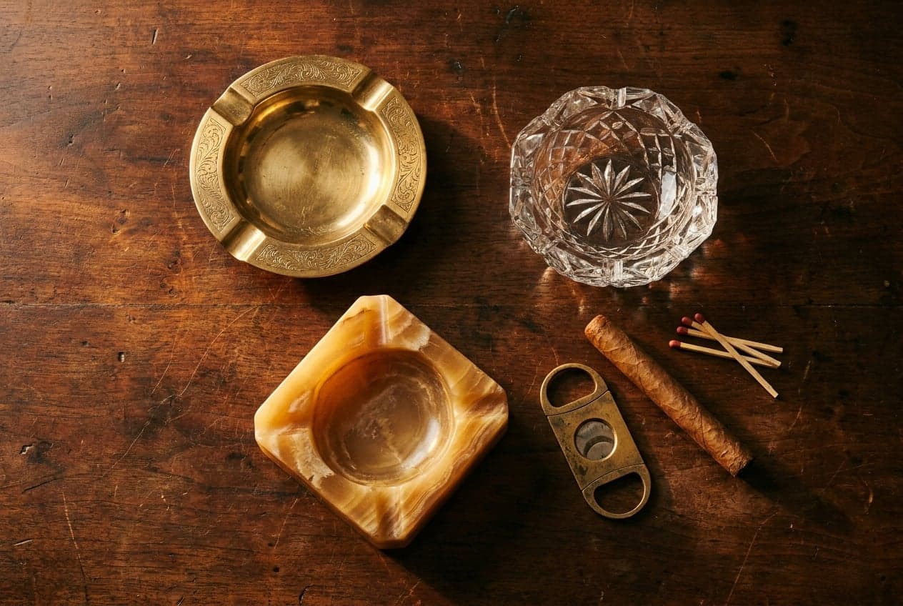 Antike Aschenbecher, Cigarre und Cutter auf dunklem Holz